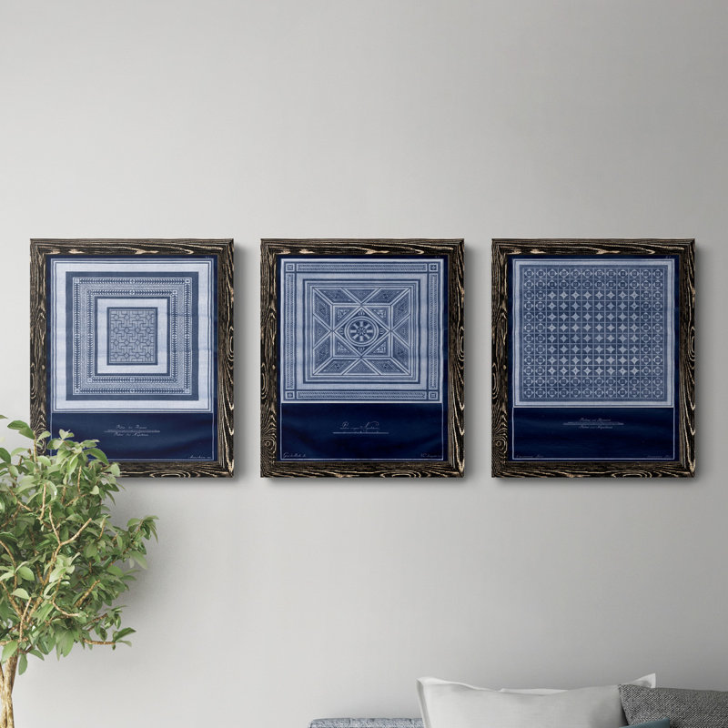 Indigo Tile IV - ensemble de 3 impressions sur toile encadrées, H 20 po x l 51 po x P 1,5 po, Noir