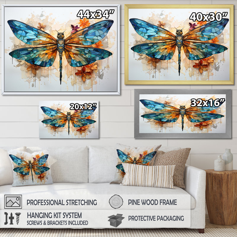 «Teal Dragonfly Ethereal Flight Geometric I - Libellule», art mural, Toile tendue, H 12 po x l 20 po x P 1 po