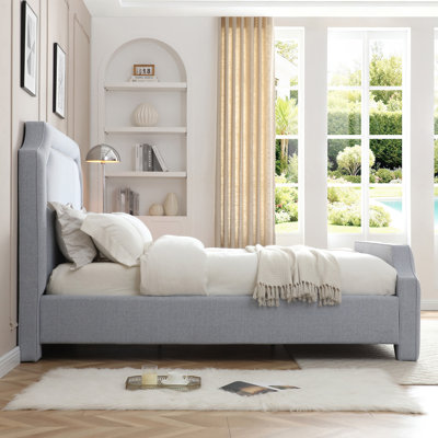Elegant Upholstered Bed Frame With Nailhead Trim.