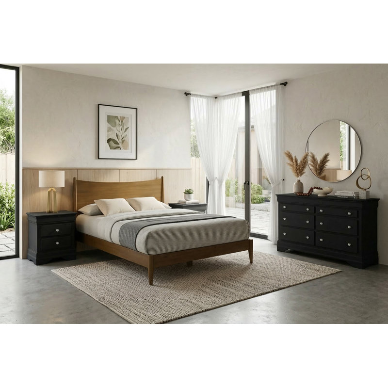 Barvelle Solid Wood 4 Piece Bedroom Set, Brown/Black, 4 Pcs: Bed, Dresser, 2 Nightstands