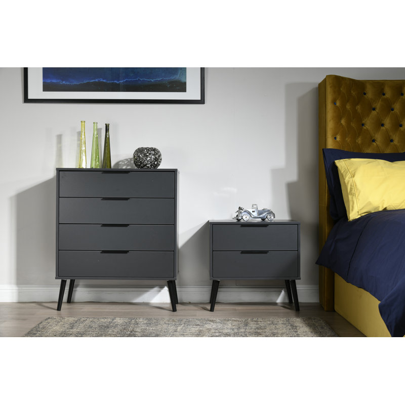 Fully Assembled Rosenkranz 2 Drawer Bedside Table, Graphite/Black