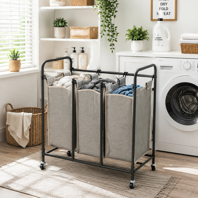 Multi-Compartment Laundry Sorting Cart — Smooth-Rolling Metal Frame With Three Removable Fabric Baskets — Your Ideal Home Sorting Assistant
