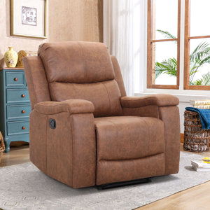 Ilkeston 37" Wide Cognac Leather Manual Recliner Chair with Built-in Cup Holder