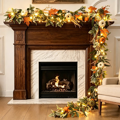 6FT Thanksgiving Fall Garland with 10 Warm LED Lights – Pumpkin & Eucalyptus Leaf Garland for Mantel, Table Centerpiece, Door, Window, Rustic Autumn Home Decoration