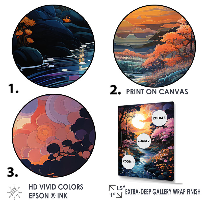 «Sunset Whimsical Riverbanks I», reproduction sur toile, Cadre naturel flottant, H 44 po x l 34 po x P 1,5 po