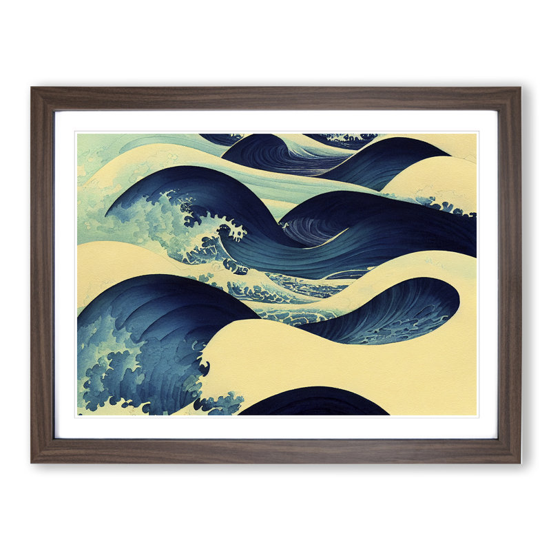 Japanese Ocean Waves - Single Picture Frame Print, 25cm H x 34cm W x 2cm D, Walnut
