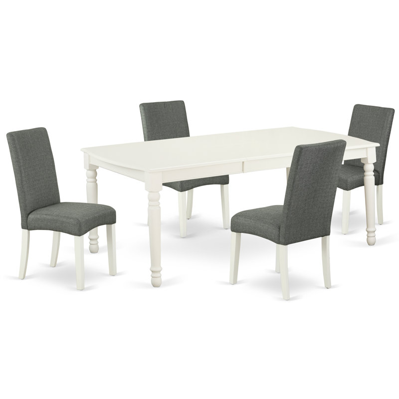 Cet ensemble de salle à manger 5 pièces comprend une table de salle à manger rectangulaire avec feuille papillon et 4 chaises Parson rembourrées en lin gris, blanc lin