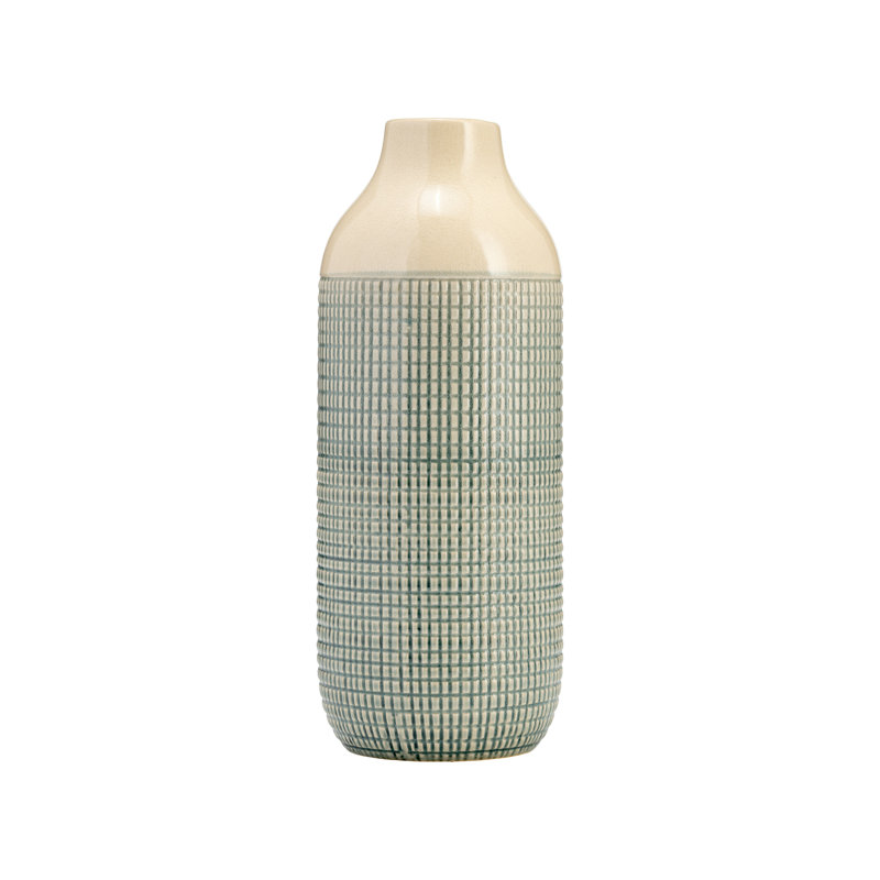 Chartres Stoneware Ceramic Vase - Textured Casual Home Decor Accent with Grid Relief Design, 3 Tone Green
