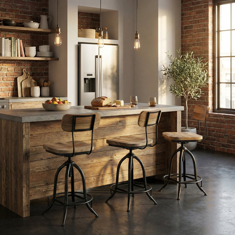 Tabouret de bar pivotant moderne à dossier arrondi P 18,5 po x l 16,25 po x H 38,25 po Modern, Noir/naturel