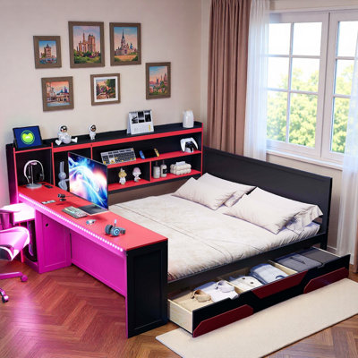 Lit de jour Modern Gaming avec bureau intégré, bandes lumineuses, station de charge intégrée, 3 tiroirs de rangement et tablettes de rangement
