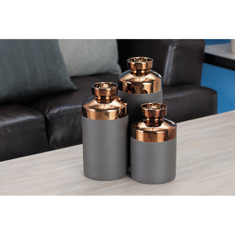 Ceramic Decorative Vase with Copper Like Tops Set, Brown