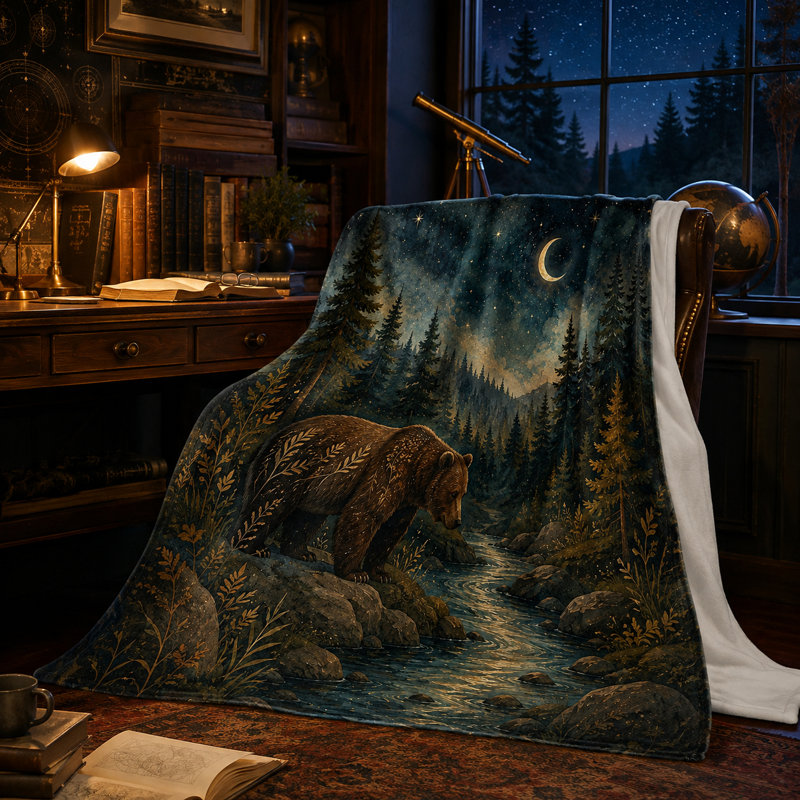 Couverture en flanelle Crescent Moon Bear avec motif Forest Creek et Starnight Night, bleu sarcelle foncé, idéale pour canapé, lit, chalet, coin lecture ou espace détente, 152 x 203 cm