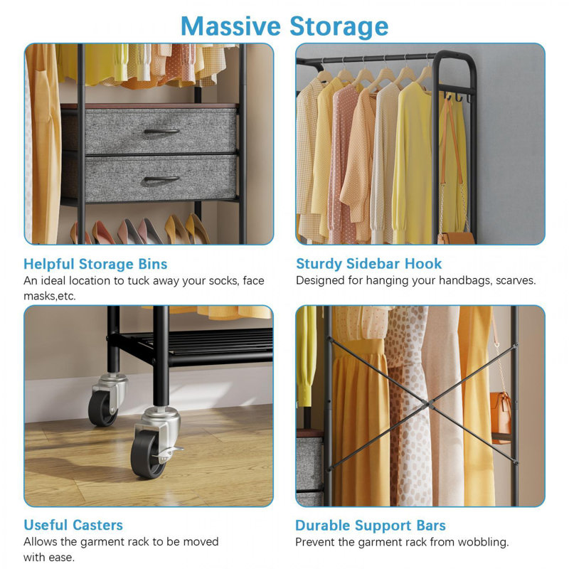 Black Metal Freestanding Clothes Rack with Fabric Drawers