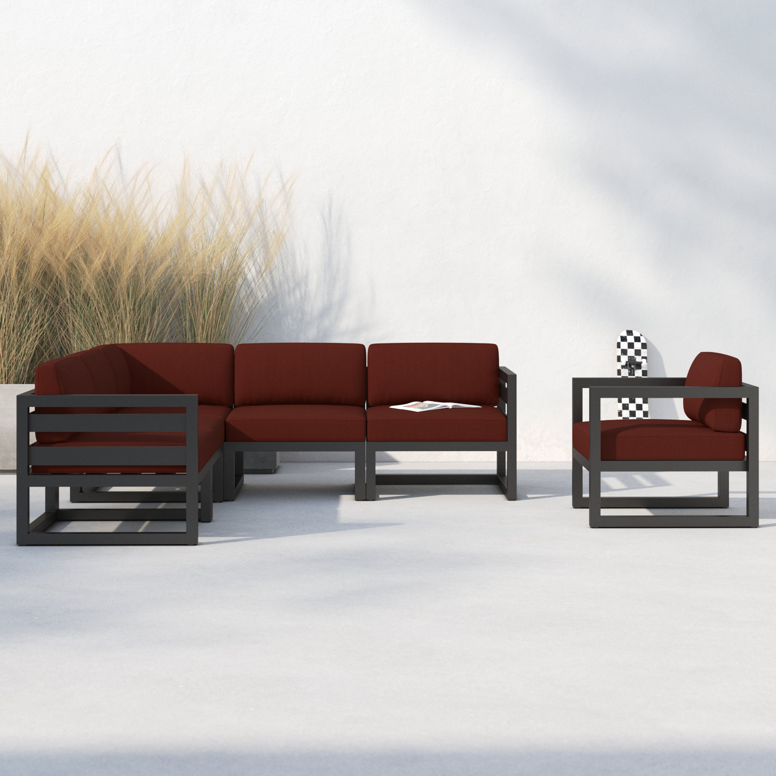 Smith 94'' Wide L-Shaped Powder Coated Aluminum Patio Sectional with Sunbrella® Cushions, Spectrum Indigo Sunbrella®, Slate