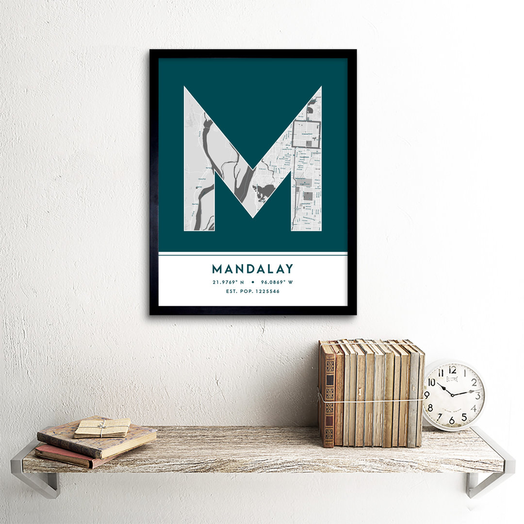 Mandalay City Map Mandalay Teal by Wee Blue Coo - Single Picture Frame Typography