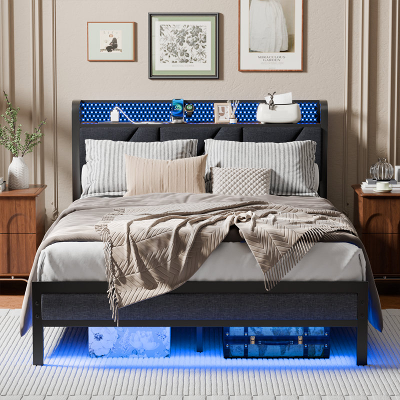 Base de lit plateforme avec rangement, lumières à DEL RVB et station de charge, lit avec tête de lit tapissier, lit double
