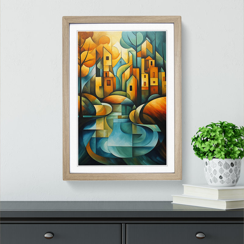 River Cubism - Single Picture Frame Print on Wood, 34cm H x 25cm W x 2cm D, Oak