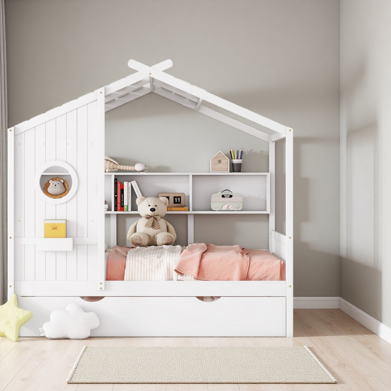 Lit maison avec lit gigogne, conception moderne pour enfants avec tablette de rangement, Lit double, Blanc