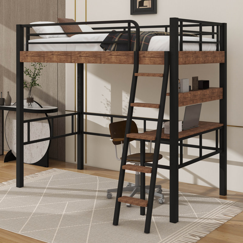 Lit mezzanine en métal avec bureau intégré, Lit simple