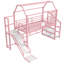 Lit mezzanine rose avec glissade et escalier, structure de lit pour enfant en métal peu encombrante, sans sommier-558232938-558232937
