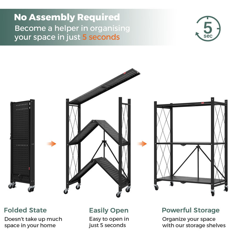 62cm W Metal Shelving Unit with Wheels, Black