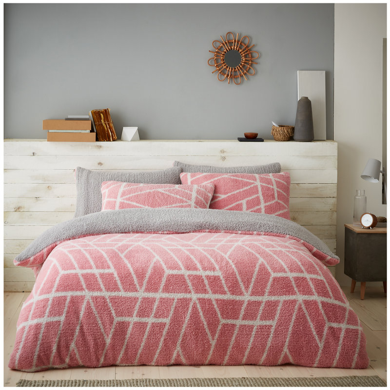 Teddy Fleece Geo Pattern Duvet Cover Set with Pillowcases, Soft Warm Winter Quilt Cover Bedding, Easy Care and Machine Washable