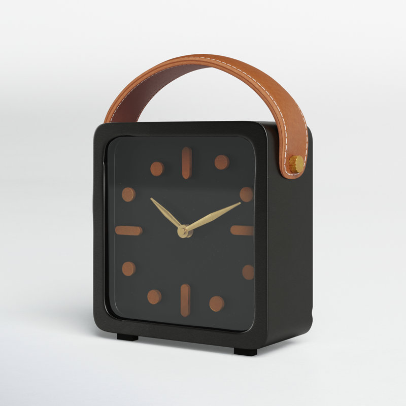 Analog Metal Quartz Tabletop Clock in Black, 8.45" H x 6.85" W x 2.75" D