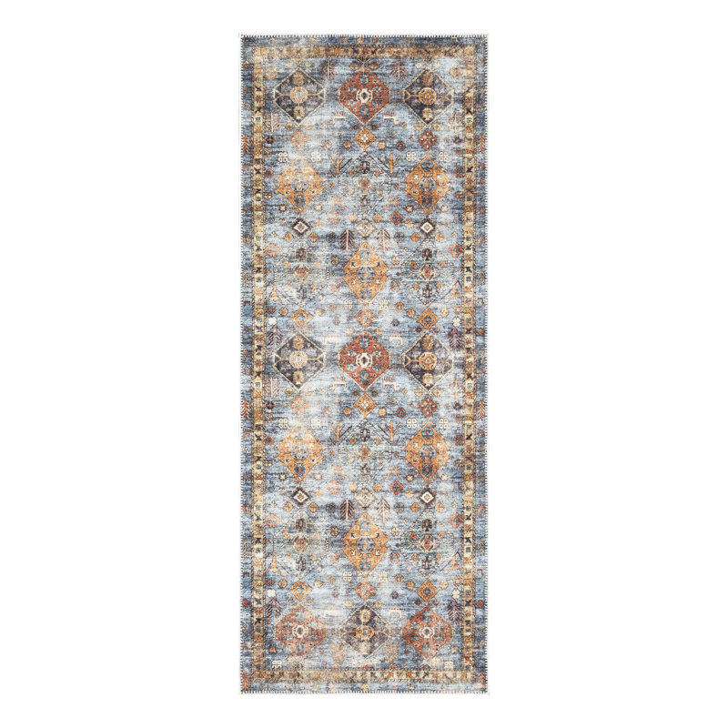  Washable Non-Slip Rug - Blue / Orange Traditional Bordered Runner for Entryway, Hallway, Bathroom, and Kitchen