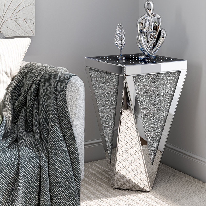 Mirrored End Table with Infinity Lights and Crushed Diamond, Modern Nightstand Table for Living Room and Bedroom, Office, No