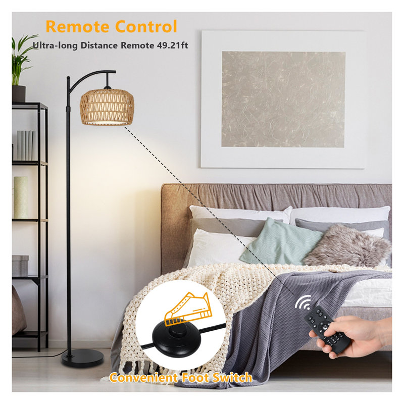 Lampe sur pied à arc à intensité variable avec télécommande et ampoule intelligente, lampe sur pied en rotin de style Mid-Century moderne, éclairage de ferme réglable Boho pour le salon et la chambre à coucher