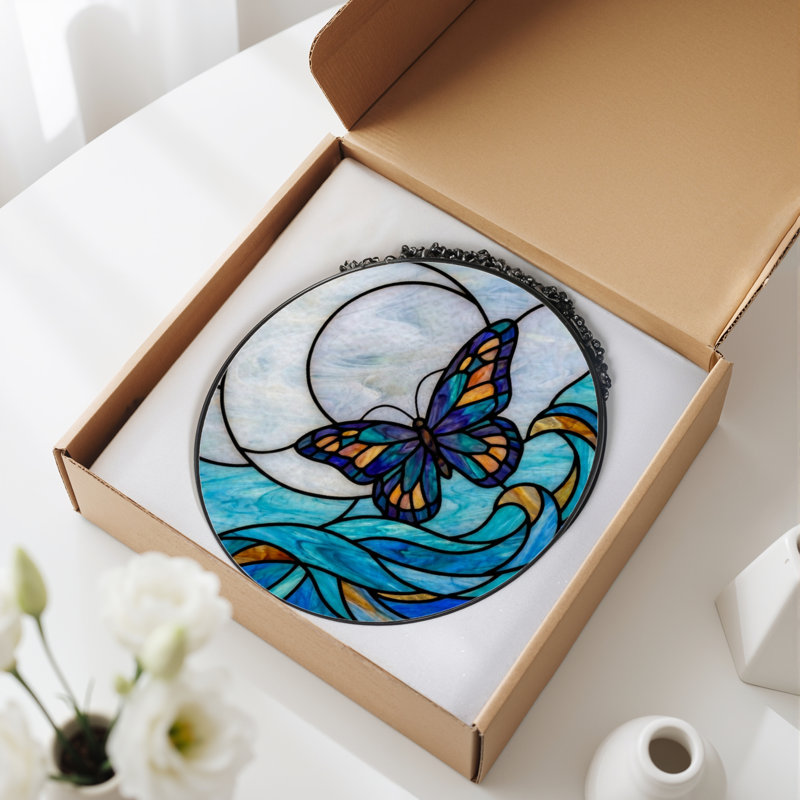 Panneau de vitrail 12 "H Butterfly Waves, H 7,8 po x l 7,8 po