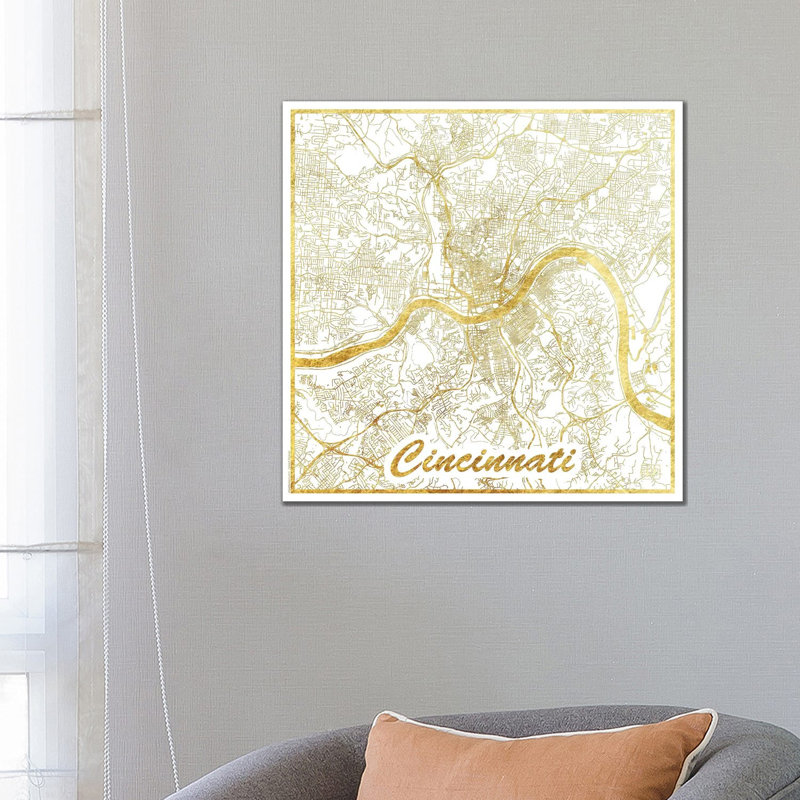 Cincinnati Gold Leaf Urban Blueprint Map by Hubert Roguski - Wrapped Canvas Print, 66.04 cm H x 66.04 cm W x 1.91 cm D