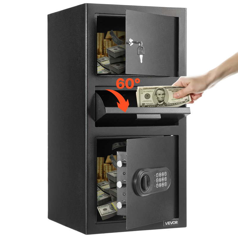 Coffre-fort à dépôt de 3,6 pieds cubes (92 litres), robuste, à 3 niveaux, avec clés de rechange, grande capacité, avec fente d'ouverture frontale et clavier numérique. Convient aux bordereaux de dépôt, bijoux, documents et factures. Couleur : noir.
