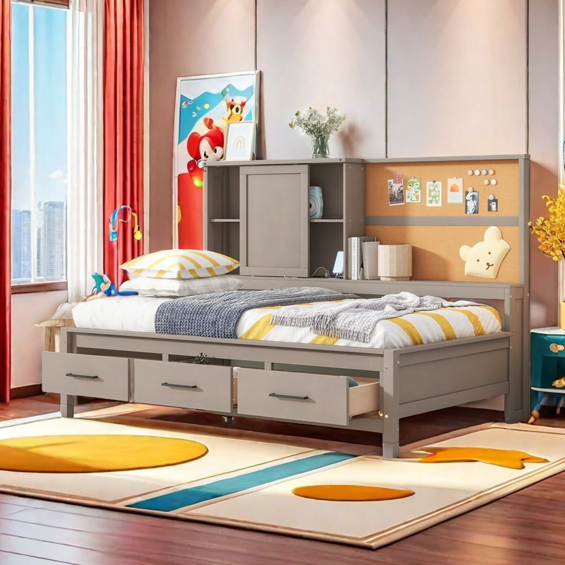Lit de jour simple avec tablettes de rangement, planche de liège, ports USB et 3 tiroirs, Gris antique