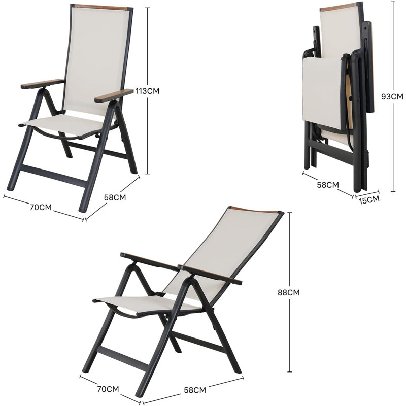 Set of 2 Folding Aluminium Garden Chairs with Armrests, 6-Position Adjustable High Back, Breathable Mesh Seat, Beige