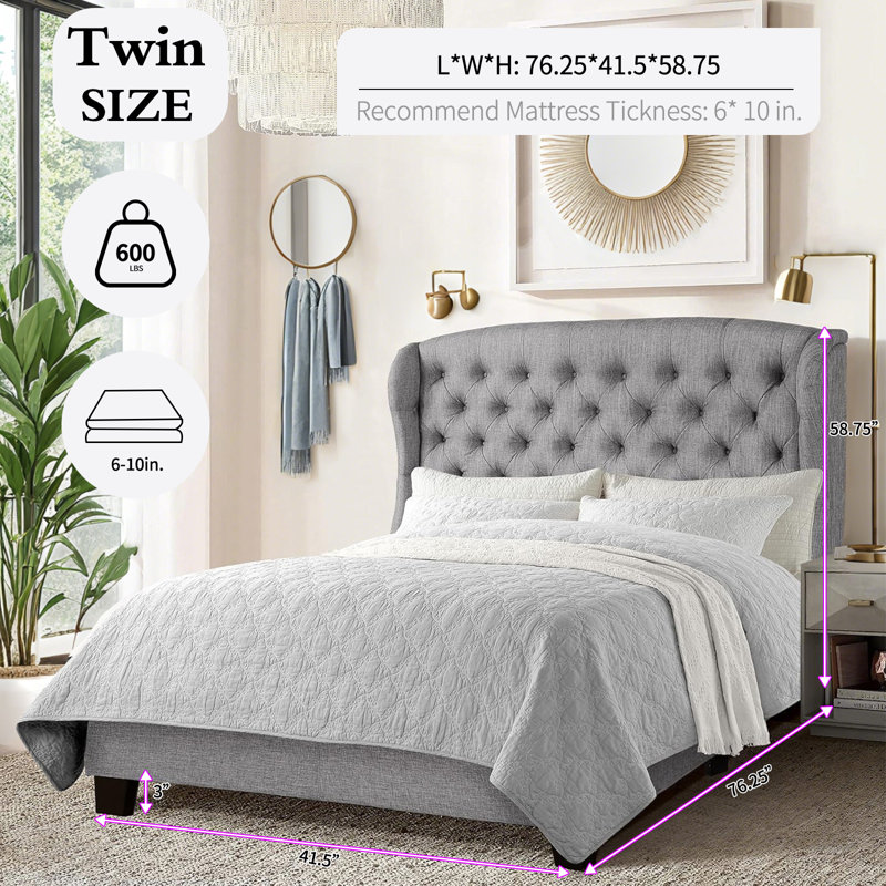 Lit plateforme tapissier Virginia, Gris clair, Lit simple