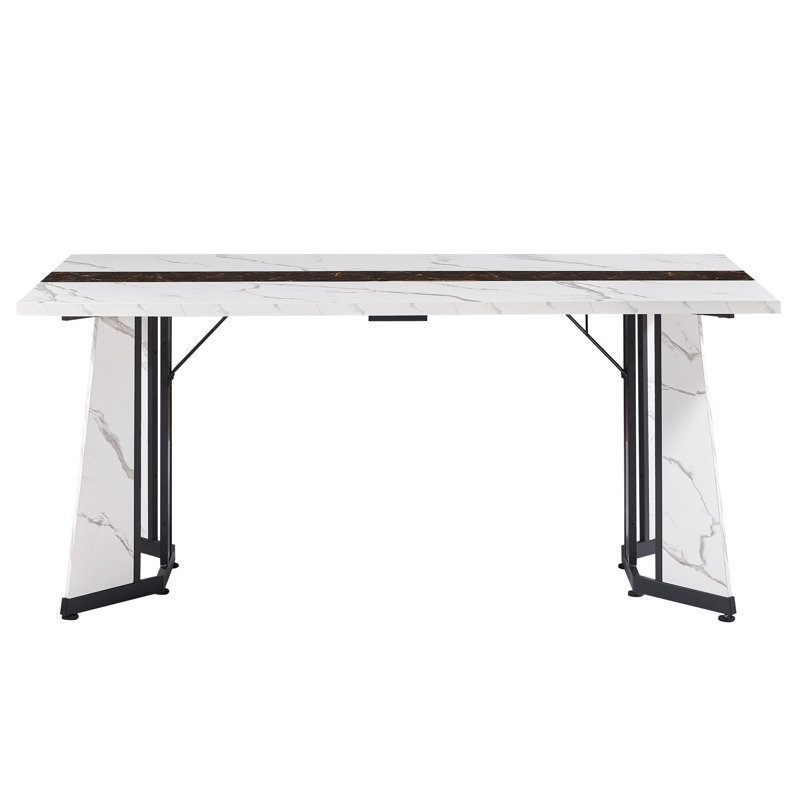 70.9"Rectangular Large Dining Table, Marble Grain Waterproof Large Desk For 8 People, Deluxe Family Dining Table With Adjustable Legs For Kitchen,Living Room,Office, White,70.9''W X 35.4''D X 30.3''H