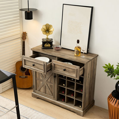 Armoire à boissons alcoolisées avec 2 tiroirs, rangement amovible pour vin, rangement gris, armoire à café rustique