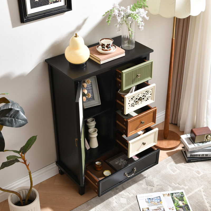 Commode décorative à 5 tiroirs avec porte, armoire de rangement sculptée et cannelée Cayden