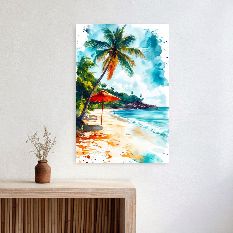 «Tropical Beach», aquarelle sereine, palmier abstrait, art mural côtier, H 24 po x l 16 po