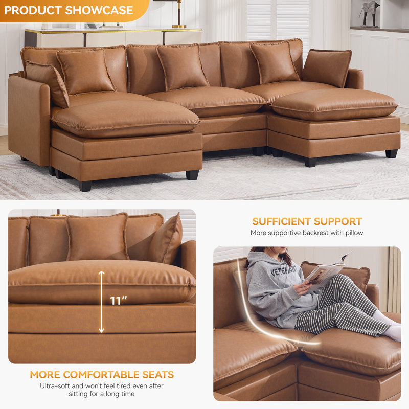 Canapé modulaire rembourré en similicuir avec repose-pieds, 3 Seat + 2 Ottoman, Marron clair