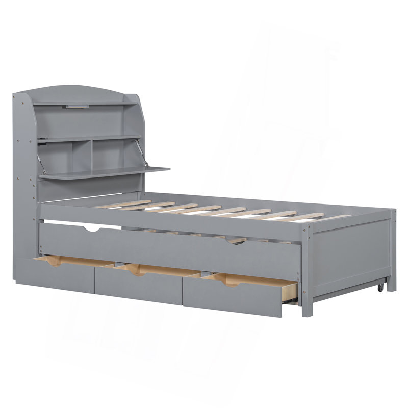 Lit plateforme en bois avec lit gigogne et tête de lit à DEL avec tiroirs, Gris, Lit simple
