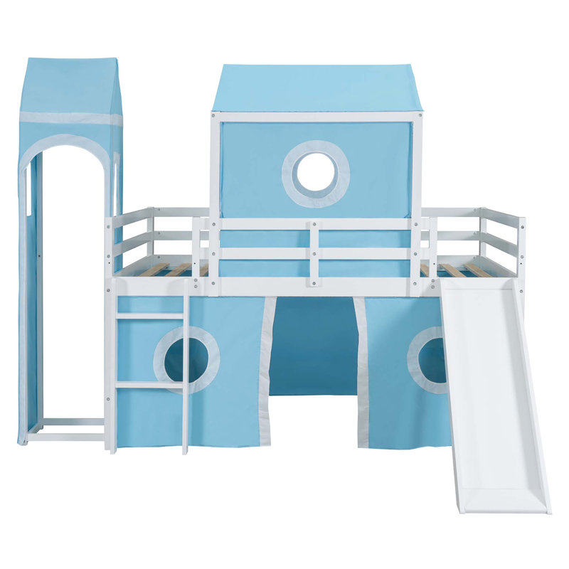 Lit mezzanine avec tente coulissante et tour, Bleu, Double
