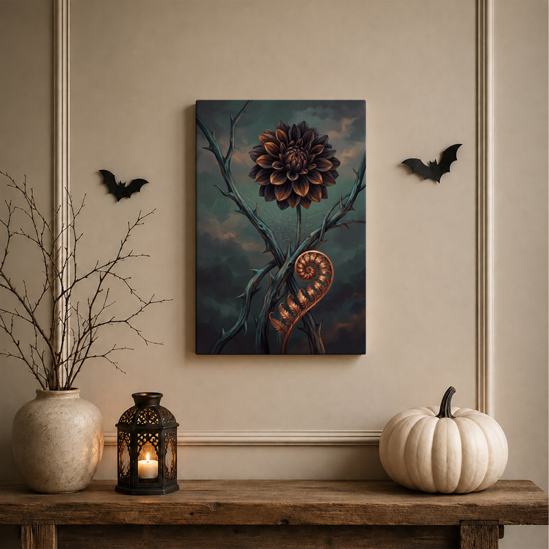 Toile murale d'Halloween représentant une fougère cuivrée en spirale, avec des branches épineuses et des fleurs sombres.