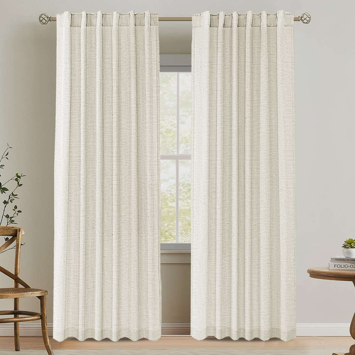 Linen Semi-Sheer Curtain Panel Set, Ivory, 52" W x 108" L