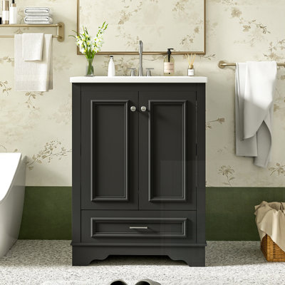 Bathroom Vanity with Ceramic Sink Modern Freestanding Storage Cabinet with Handles