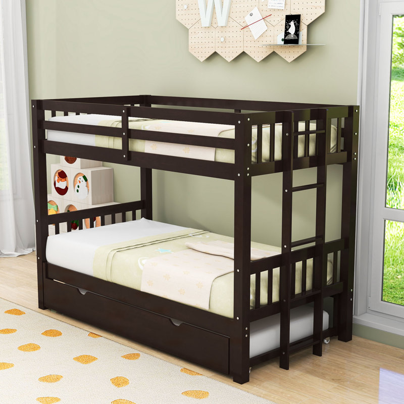 Lit superposé simple au-dessus d'un lit simple en bois avec lit gigogne convertible, Espresso