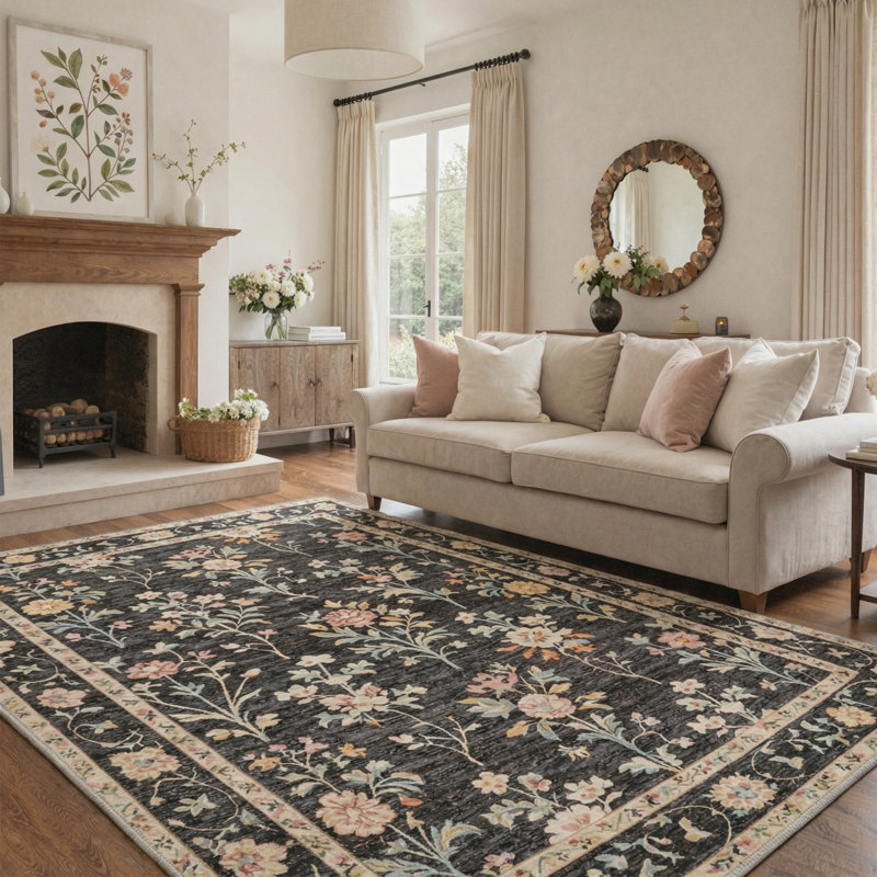 Floral Machine Washable Black/Tan Indoor Area Rug With Non-Slip Backing, Rectangle 6' x 9'