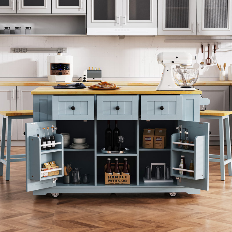 Blue 53Inch Kitchen Island Cart With Internal Storage And Power Outlets - For Functional Kitchens Movable Drop Leaf Large In Space, Foldable Leaf, Socket
