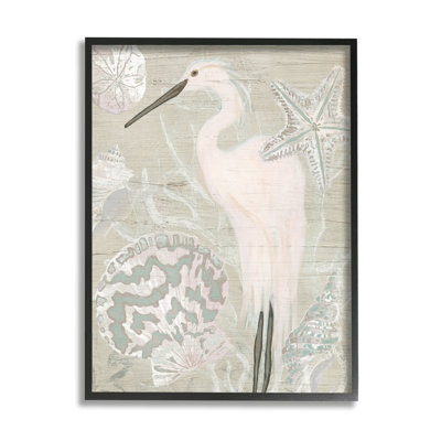 «Rustic Seashells», aigrette, oiseau, grain, signe, giclée, ensemble d'art texturé par June, Erica Vess